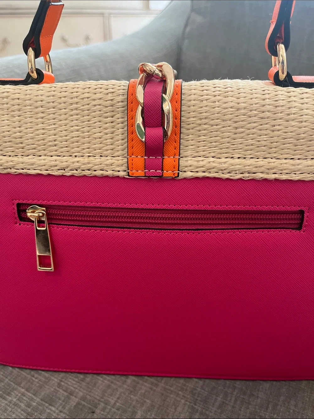 Aldo Cream Straw Satchel with Fuchsia & Orange Trim-Never Worn